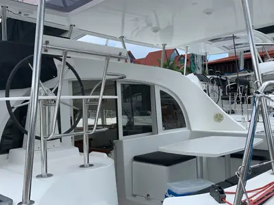 Cockpit of Felicite, a Lagoon 380 catamaran at Eden Island Marina, Seychelles