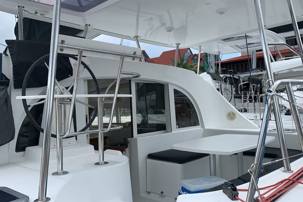 Cockpit of Felicite, a Lagoon 380 catamaran at Eden Island Marina, Seychelles