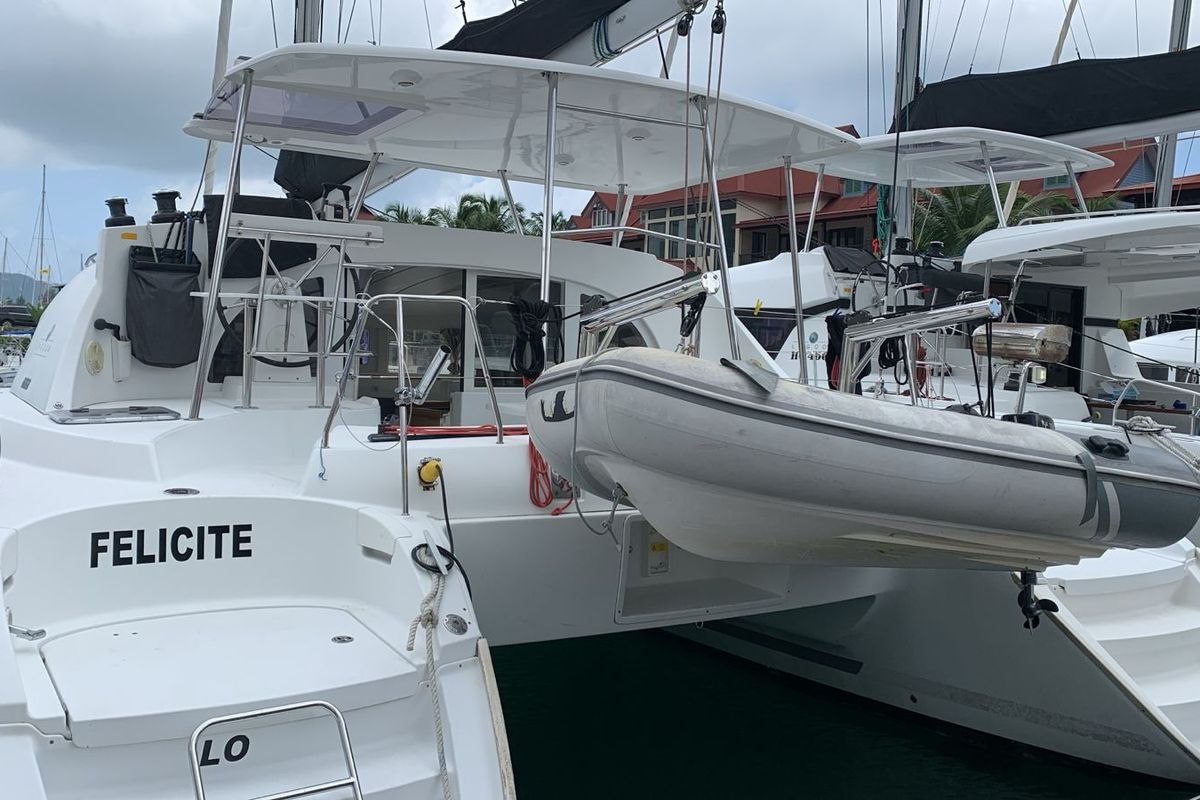 Exterior view of Felicite, a Lagoon 380 catamaran at Eden Island Marina, Seychelles