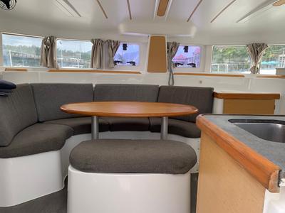 Salon of Felicite, a Lagoon 380 catamaran at Eden Island Marina, Seychelles