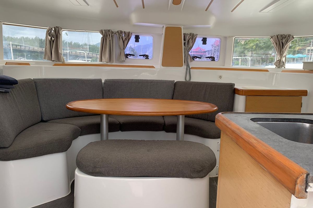Salon of Felicite, a Lagoon 380 catamaran at Eden Island Marina, Seychelles