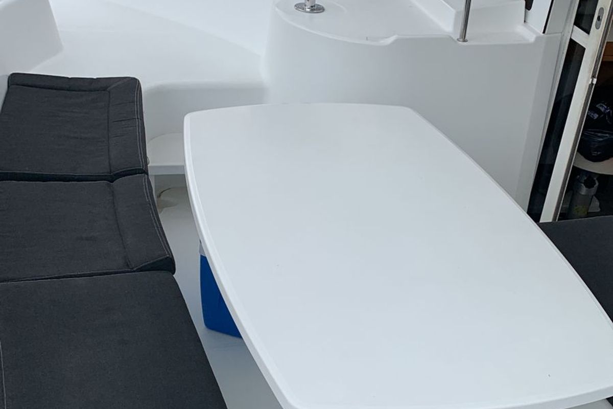Deck of Felicite, a Lagoon 380 catamaran at Eden Island Marina, Seychelles