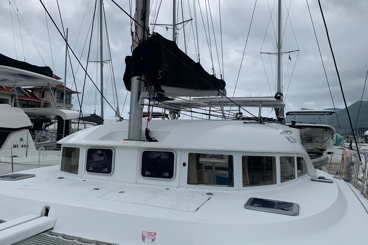 Exterior view of Felicite, a Lagoon 380 catamaran at Eden Island Marina, Seychelles