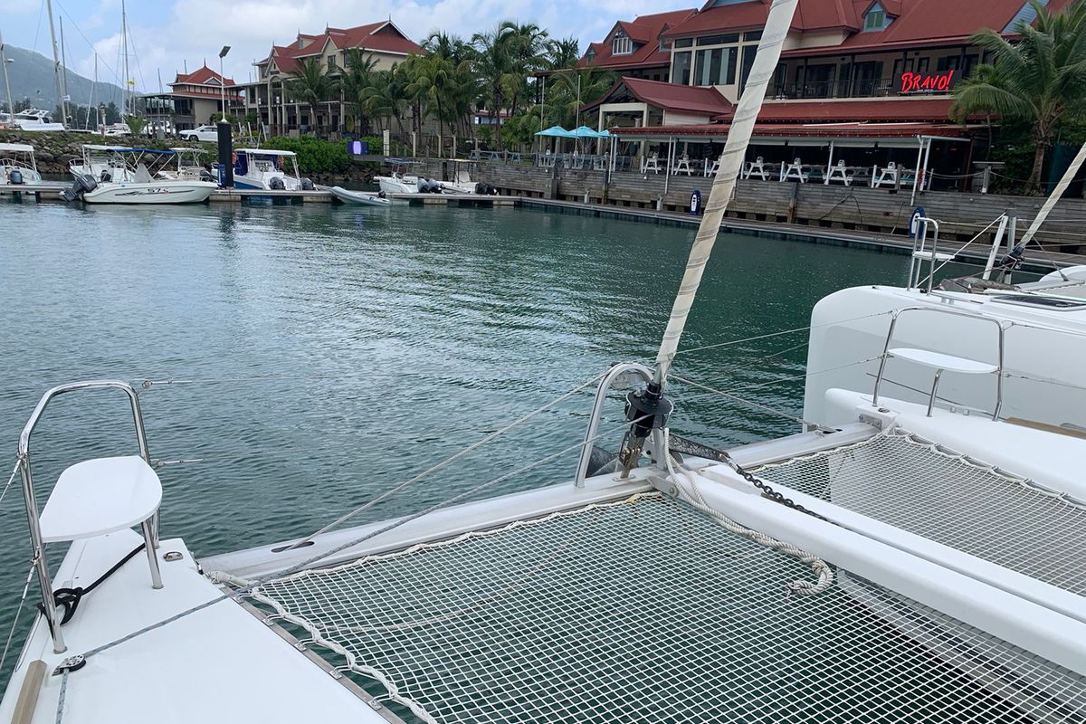 Deck of Felicite, a Lagoon 380 catamaran at Eden Island Marina, Seychelles