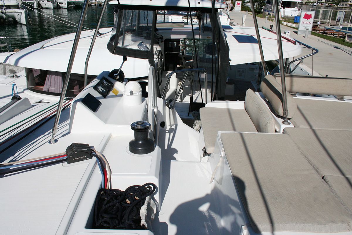 Cockpit of Ghost, a Bali Catspace catamaran at Dubrovnik, Croatia