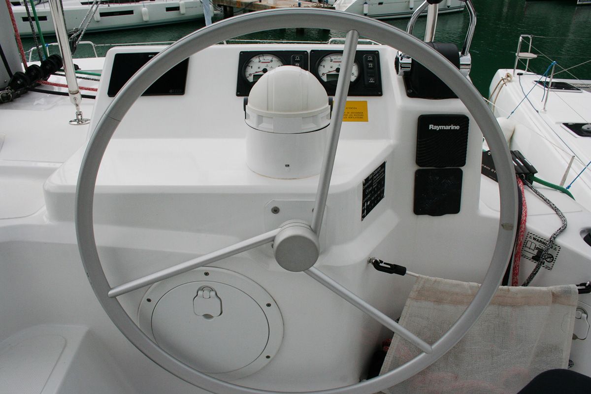 Cockpit of Ghost, a Bali Catspace catamaran at Dubrovnik, Croatia