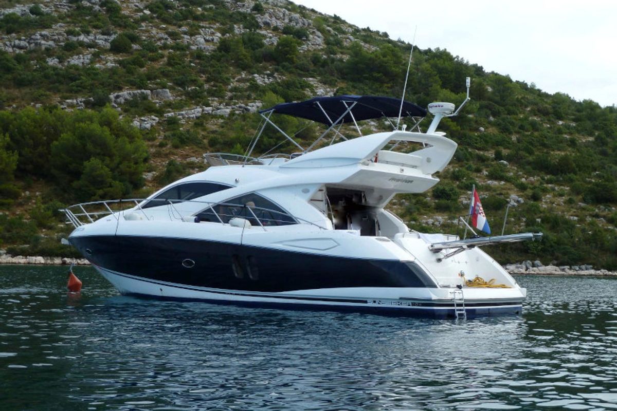 Exterior view of Aviator, a Sunseeker Manhattan 50 motorboat at Primošten, Croatia