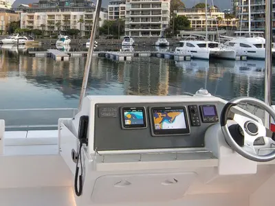 Cockpit of Moorings 433 PC Club, a Leopard 43 PC catamaran at Road Town, British Virgin Islands