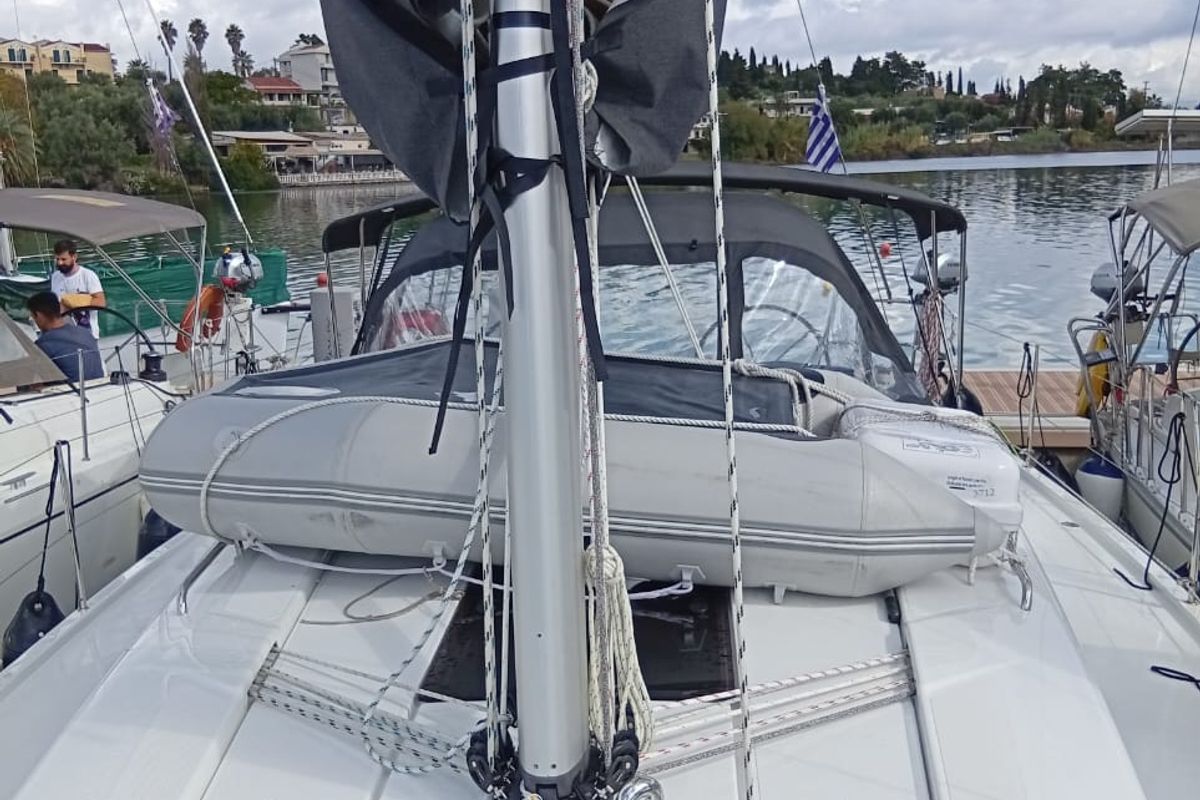 Deck of Eleni, a Hanse Yachts Hanse 418 sailboat at Kontokali, Greece