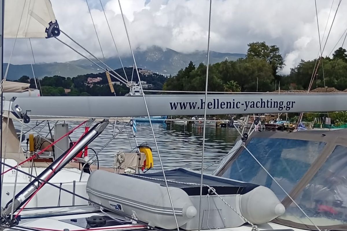 Deck of Eleni, a Hanse Yachts Hanse 418 sailboat at Kontokali, Greece