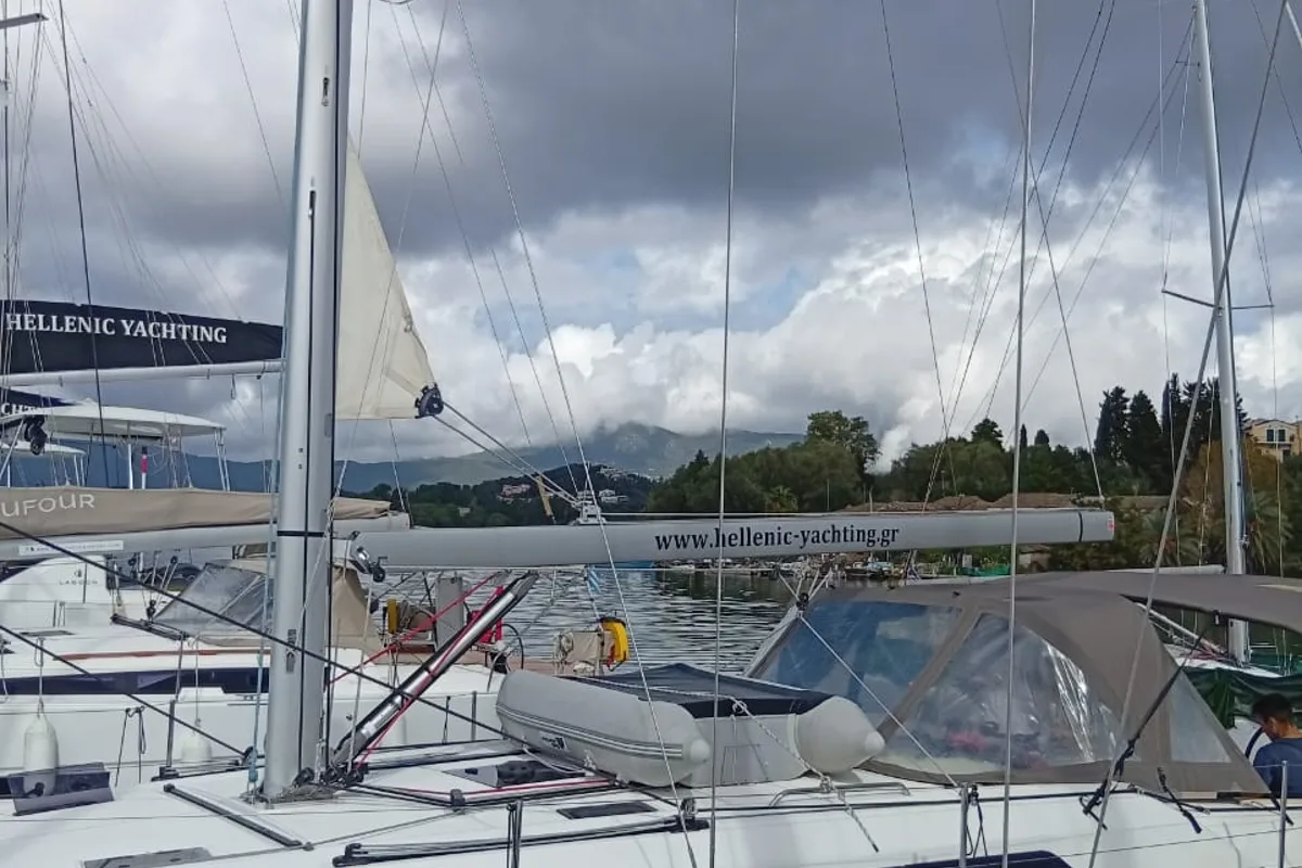 Exterior view of Eleni, a Hanse Yachts Hanse 418 sailboat at Kontokali, Greece