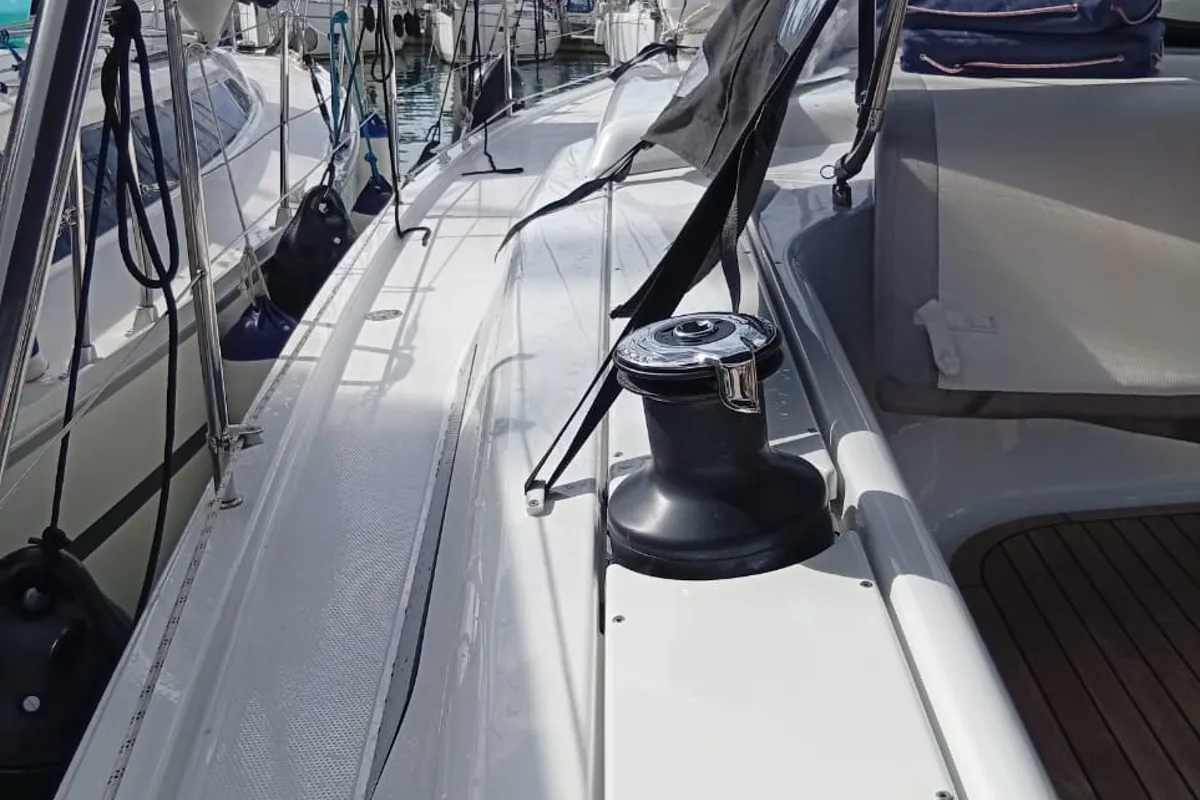 Deck of Eleni, a Hanse Yachts Hanse 418 sailboat at Kontokali, Greece