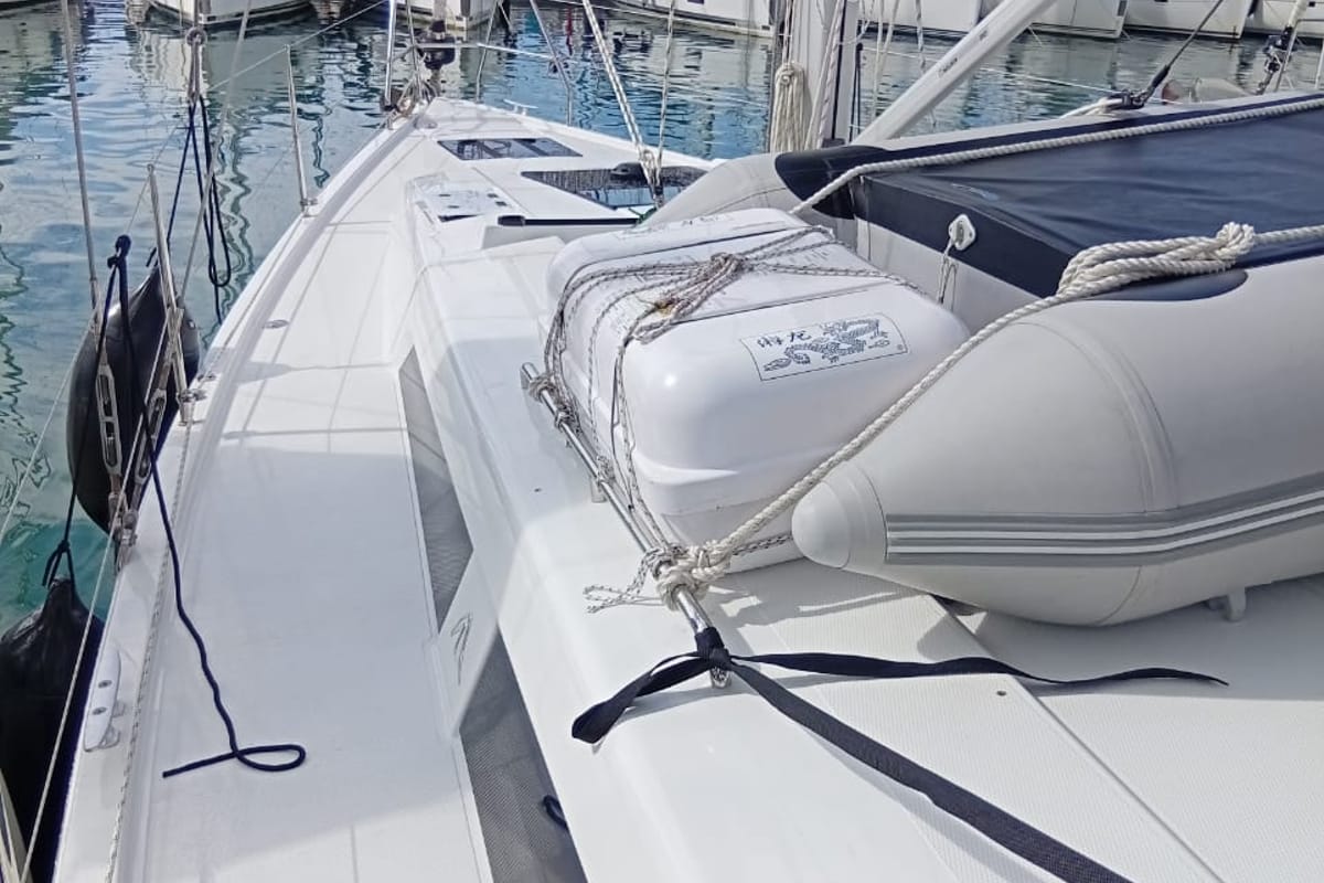 Deck of Eleni, a Hanse Yachts Hanse 418 sailboat at Kontokali, Greece