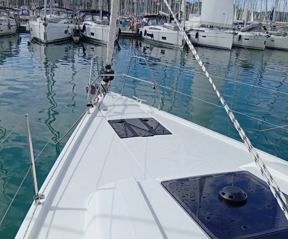 Deck of Eleni, a Hanse Yachts Hanse 418 sailboat at Kontokali, Greece