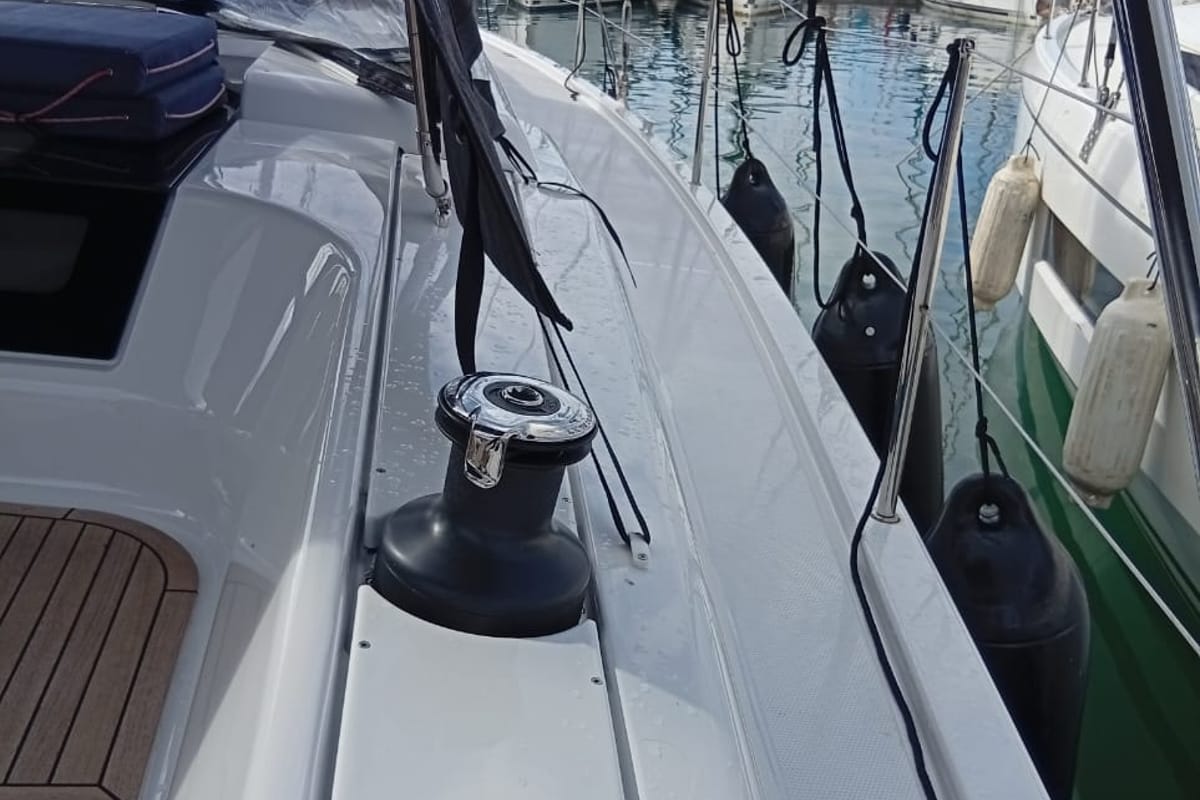 Deck of Eleni, a Hanse Yachts Hanse 418 sailboat at Kontokali, Greece