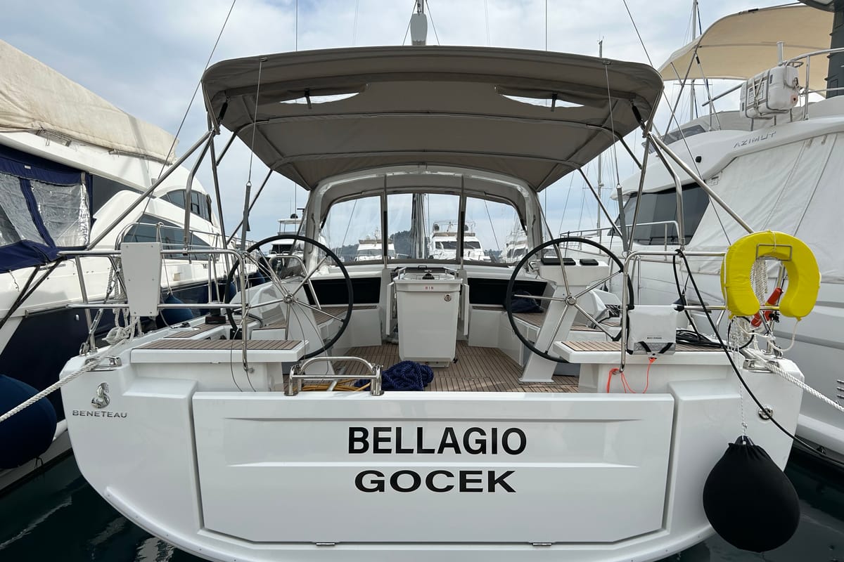 Exterior view of Bellagio, a Beneteau Oceanis 46.1 sailboat at Fethiye, Turkey