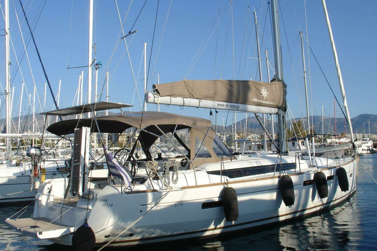 Exterior view of Ataraxia, a Jeanneau Sun Odyssey 519 sailboat at Athens, Greece