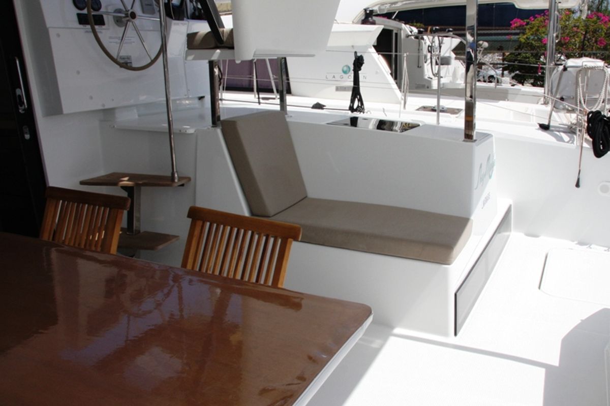 Deck of Sky Maria, a Fountaine Pajot Lucia 40 catamaran at Marmaris, Turkey