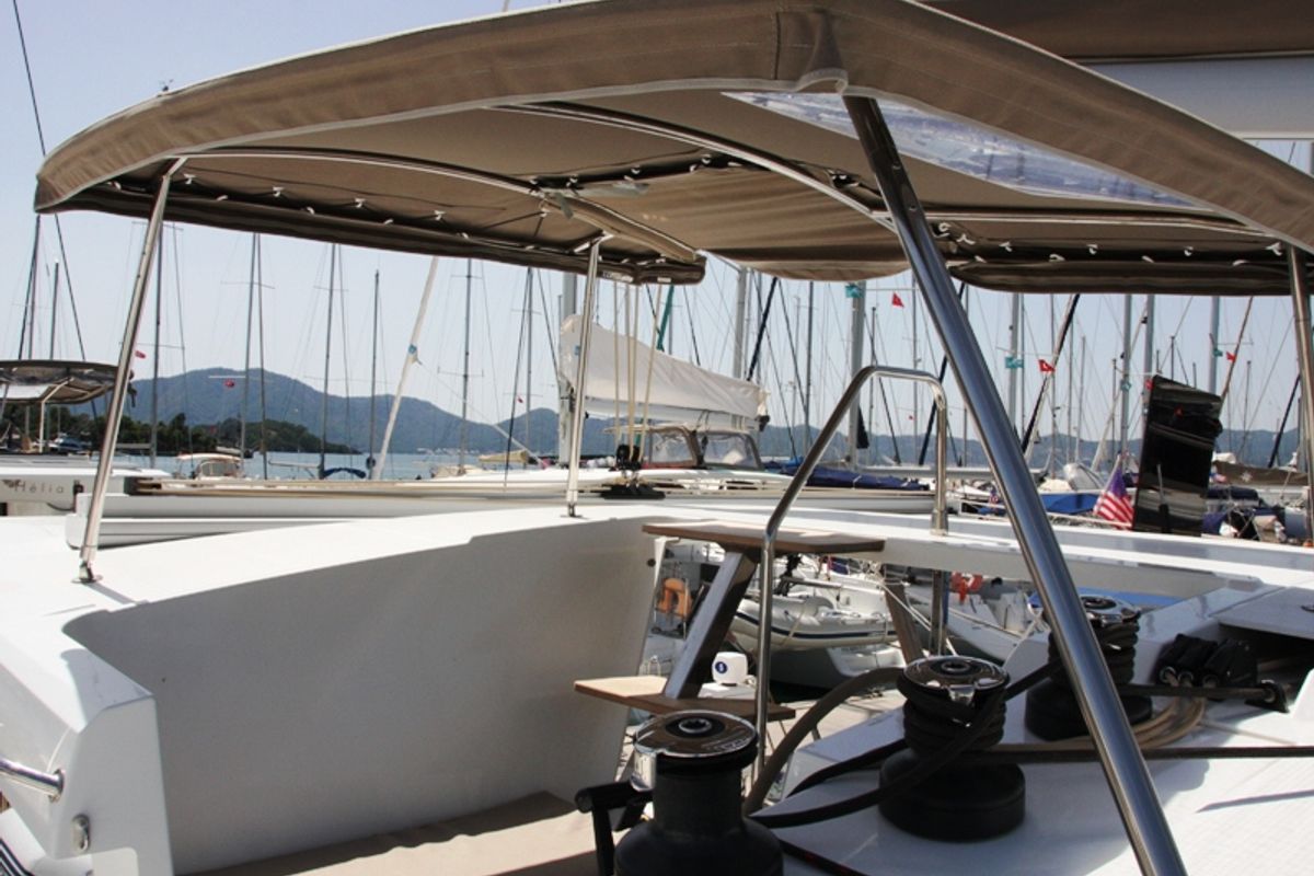 Cockpit of Sky Maria, a Fountaine Pajot Lucia 40 catamaran at Marmaris, Turkey