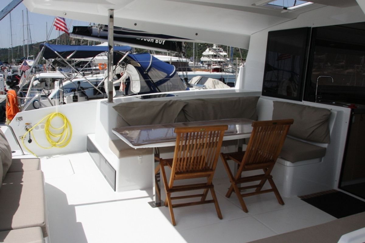 Deck of Sky Maria, a Fountaine Pajot Lucia 40 catamaran at Marmaris, Turkey