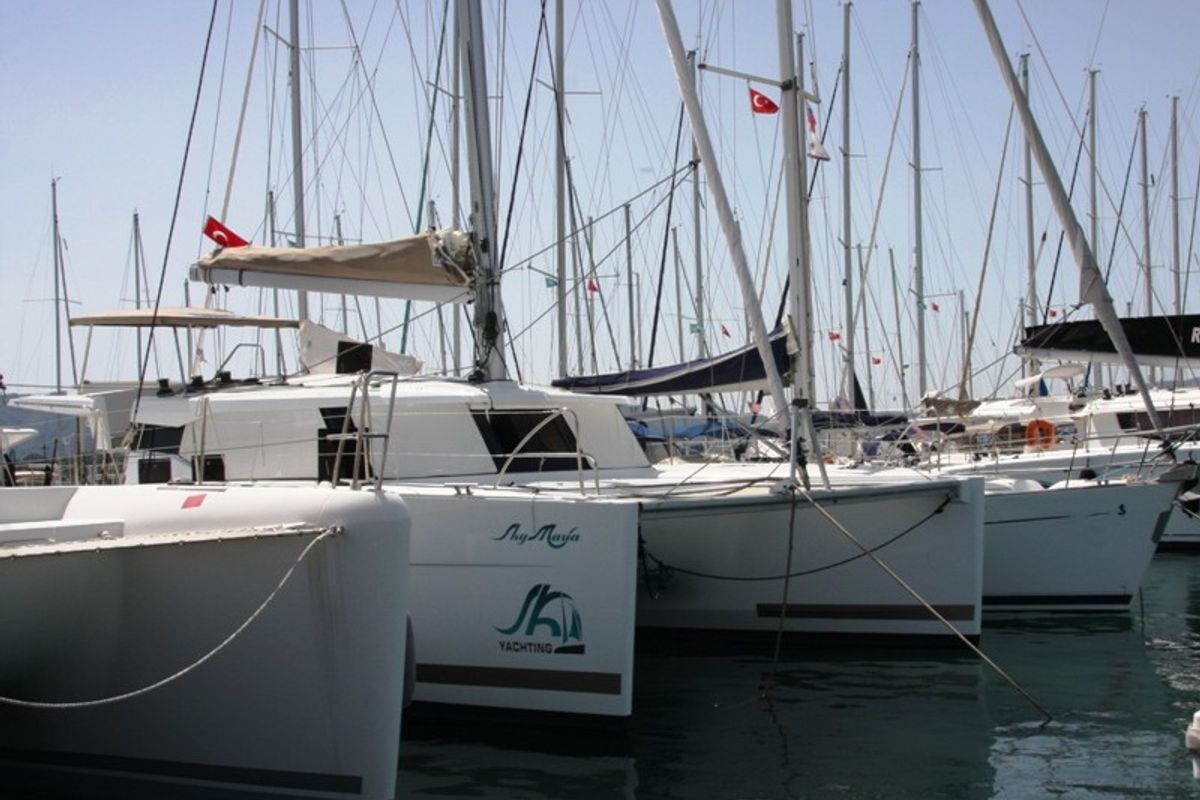Exterior view of Sky Maria, a Fountaine Pajot Lucia 40 catamaran at Marmaris, Turkey