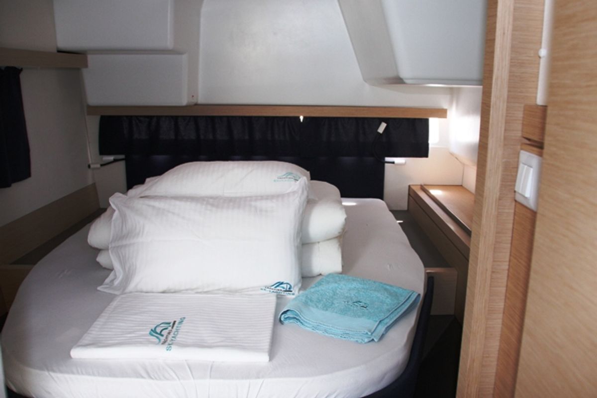 Cabin on Sky Maria, a Fountaine Pajot Lucia 40 catamaran at Marmaris, Turkey