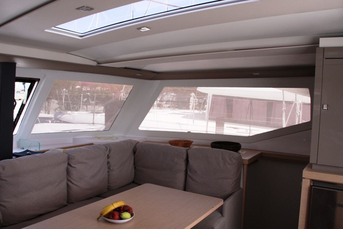 Salon of Sky Maria, a Fountaine Pajot Lucia 40 catamaran at Marmaris, Turkey