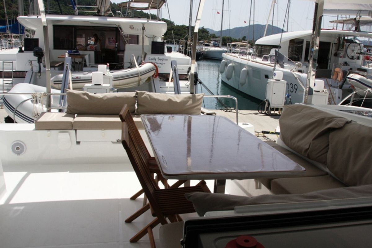 Deck of Sky Maria, a Fountaine Pajot Lucia 40 catamaran at Marmaris, Turkey