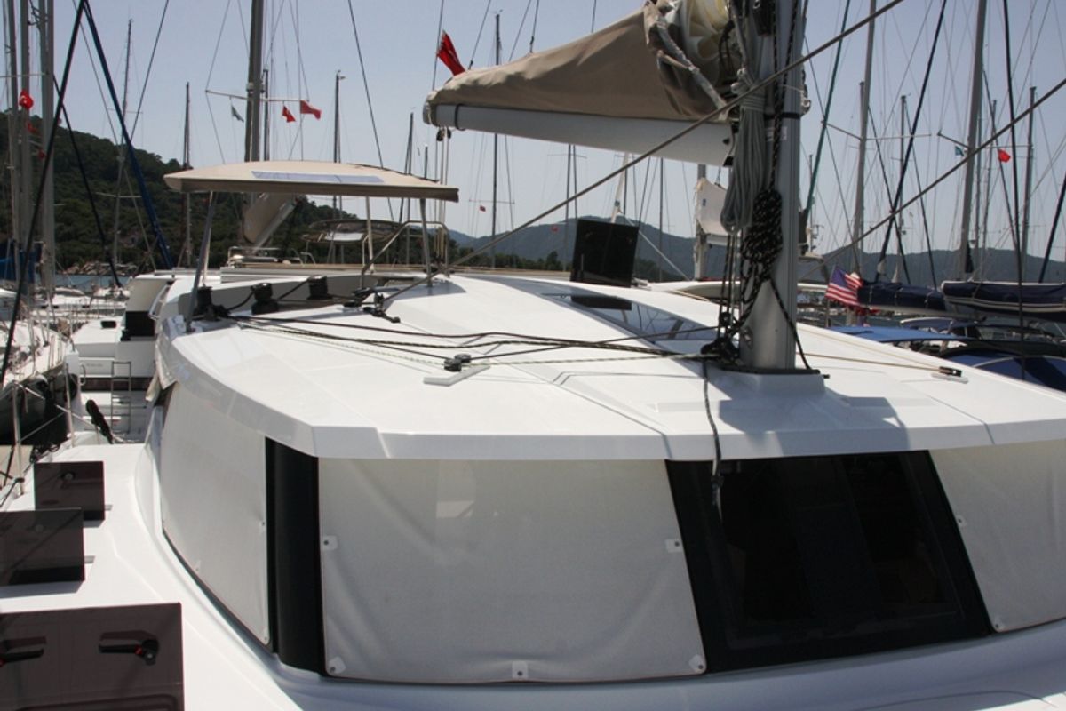 Deck of Sky Maria, a Fountaine Pajot Lucia 40 catamaran at Marmaris, Turkey