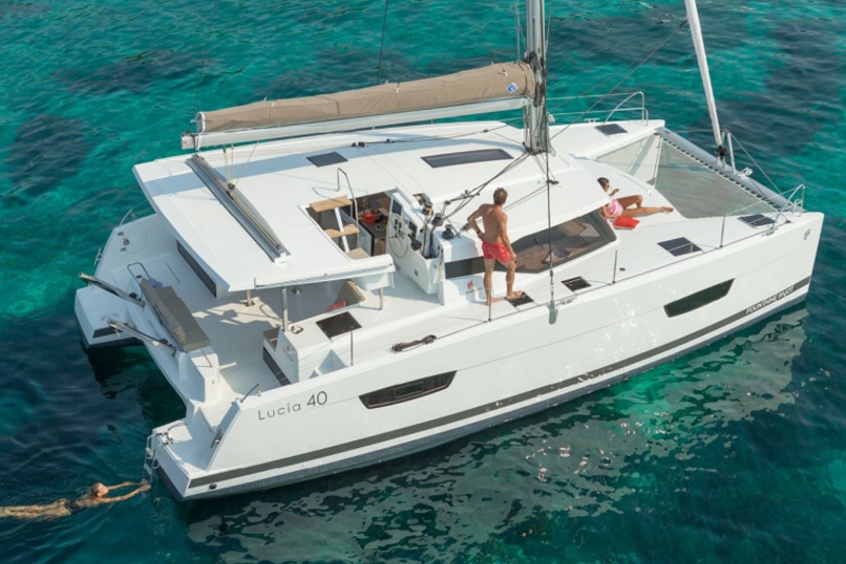 Exterior view of Sky Maria, a Fountaine Pajot Lucia 40 catamaran at Marmaris, Turkey
