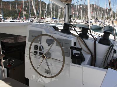 Cockpit of Sky Maria, a Fountaine Pajot Lucia 40 catamaran at Marmaris, Turkey