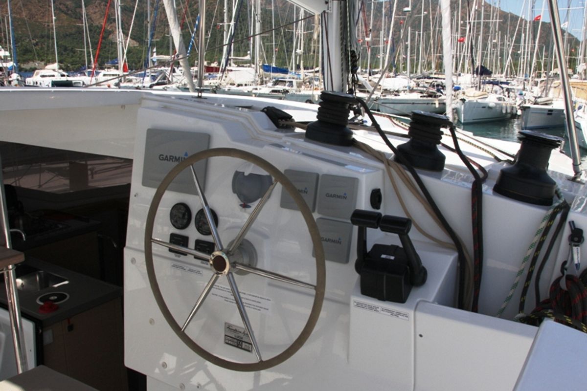 Cockpit of Sky Maria, a Fountaine Pajot Lucia 40 catamaran at Marmaris, Turkey