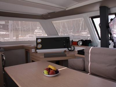 Salon of Sky Maria, a Fountaine Pajot Lucia 40 catamaran at Marmaris, Turkey