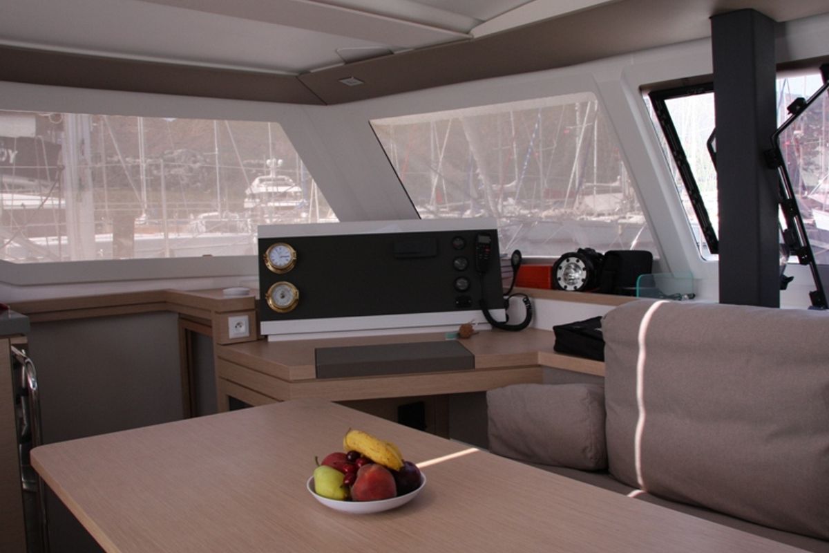 Salon of Sky Maria, a Fountaine Pajot Lucia 40 catamaran at Marmaris, Turkey