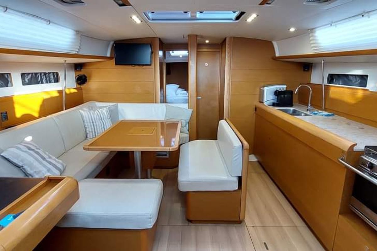 Salon of YOLO, a Jeanneau Sun Odyssey 479 sailboat at Municipal Unit of Lefkada, Greece