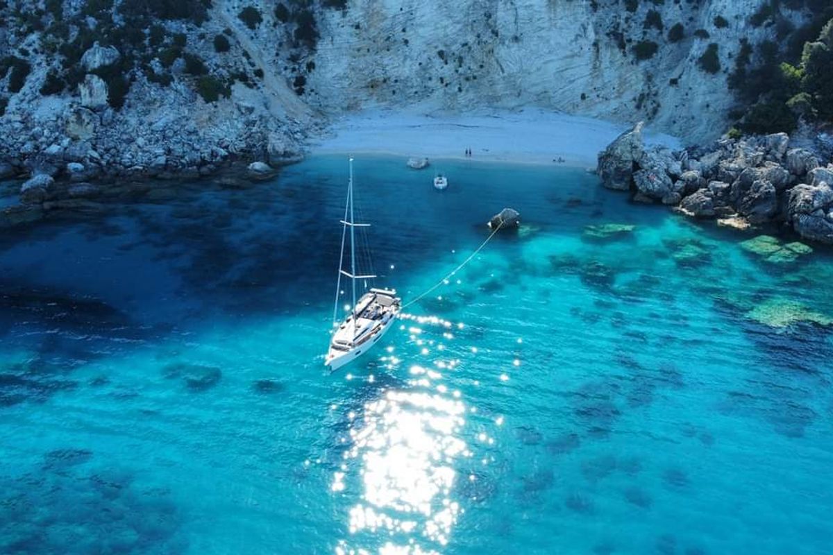 Exterior view of YOLO, a Jeanneau Sun Odyssey 479 sailboat at Municipal Unit of Lefkada, Greece