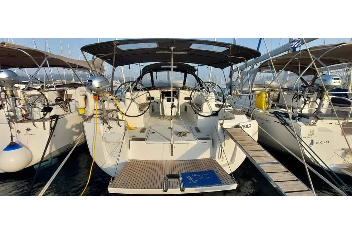 Cockpit of YOLO, a Jeanneau Sun Odyssey 479 sailboat at Municipal Unit of Lefkada, Greece