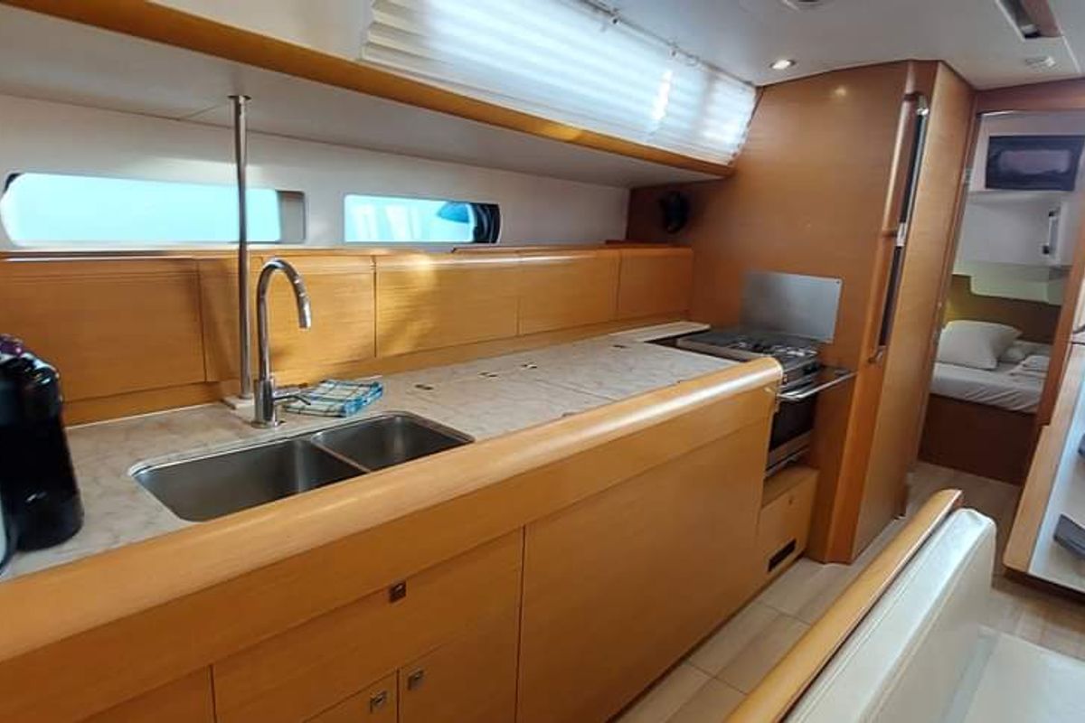 Galley of YOLO, a Jeanneau Sun Odyssey 479 sailboat at Municipal Unit of Lefkada, Greece