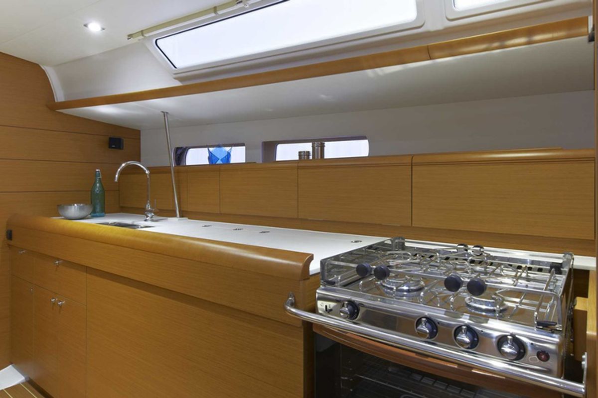 Galley of YOLO, a Jeanneau Sun Odyssey 479 sailboat at Municipal Unit of Lefkada, Greece