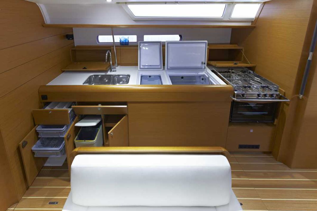 Galley of YOLO, a Jeanneau Sun Odyssey 479 sailboat at Municipal Unit of Lefkada, Greece