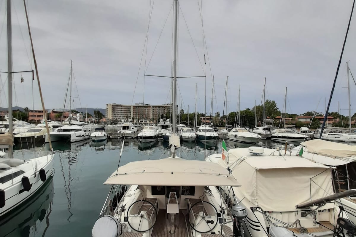 Exterior view of Shira, a Dufour 382 GL sailboat at Tonnarella, Italy