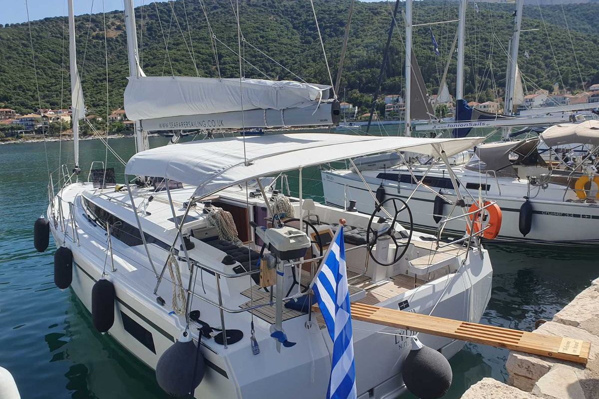 Exterior view of Lydia, a Bavaria C42 sailboat at Municipal Unit of Sikyona, Greece