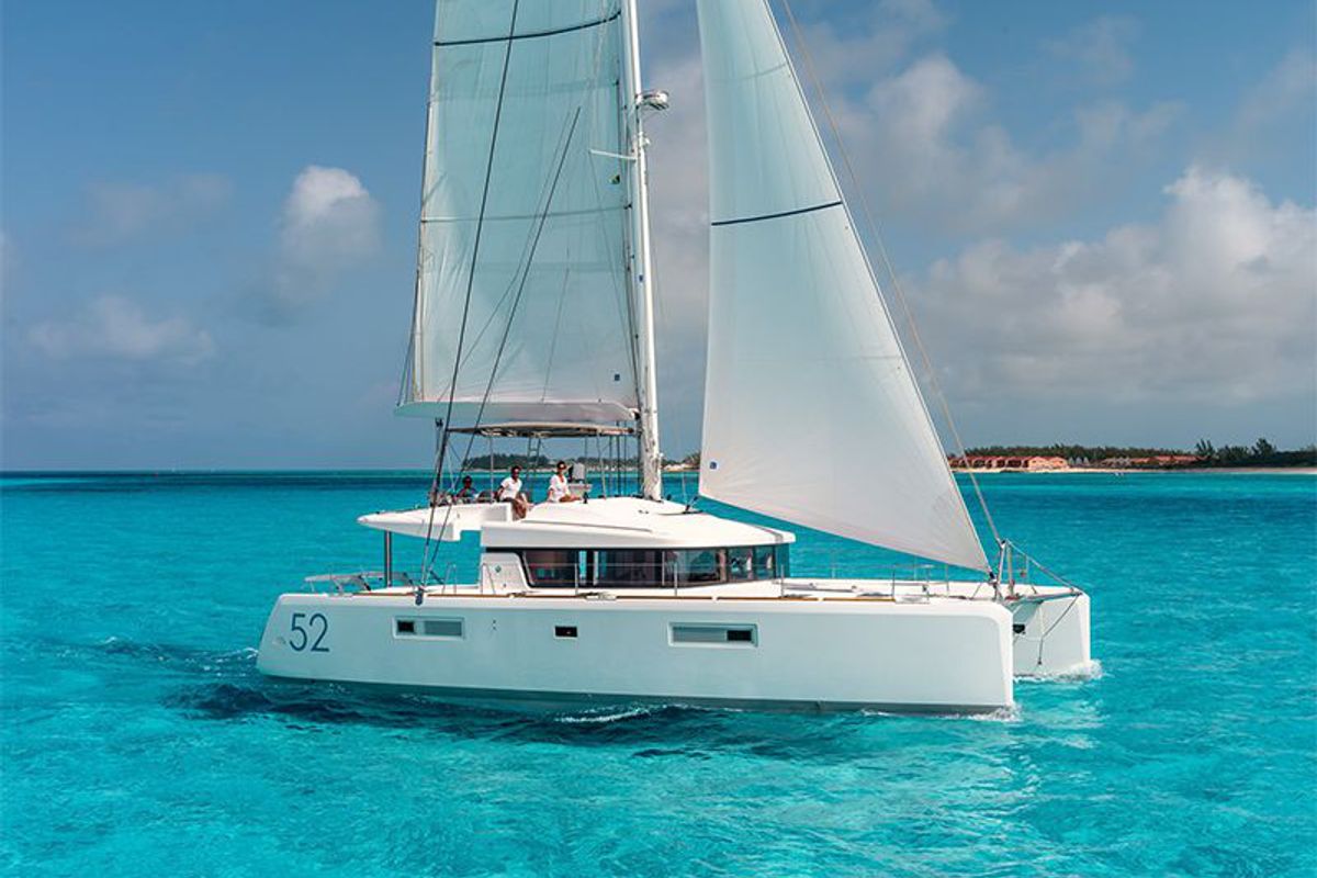 Exterior view of Dugongo II, a Lagoon 52 catamaran at English Harbour, Antigua and Barbuda