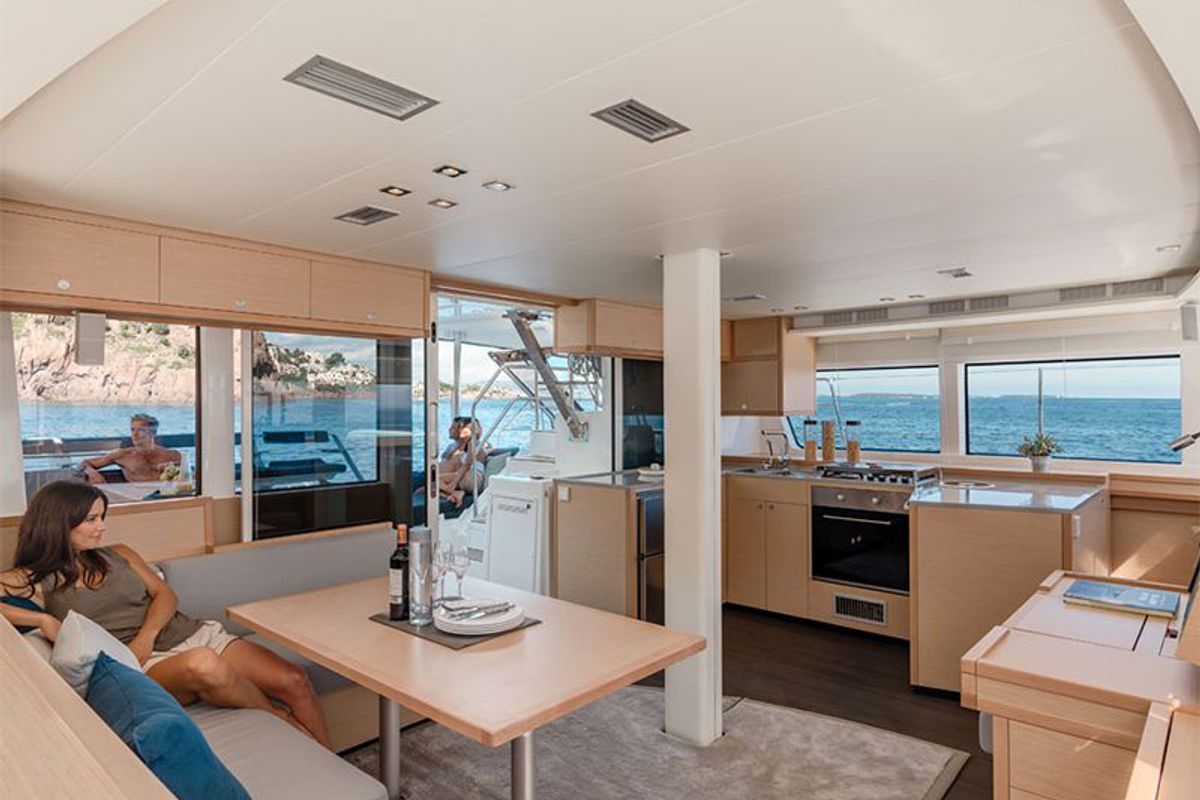Salon of Dugongo II, a Lagoon 52 catamaran at English Harbour, Antigua and Barbuda