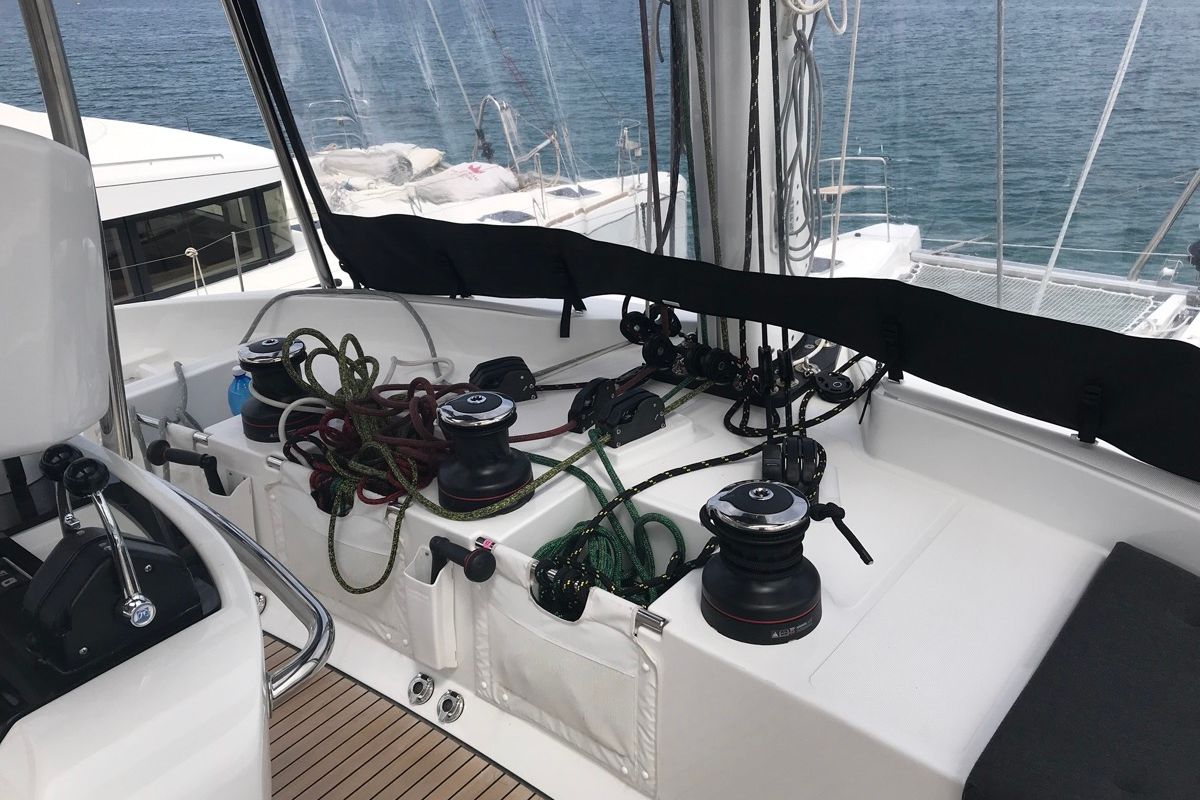 Cockpit of Dugongo II, a Lagoon 52 catamaran at English Harbour, Antigua and Barbuda