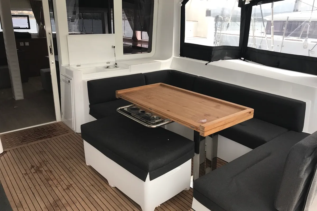 Deck of Dugongo II, a Lagoon 52 catamaran at English Harbour, Antigua and Barbuda