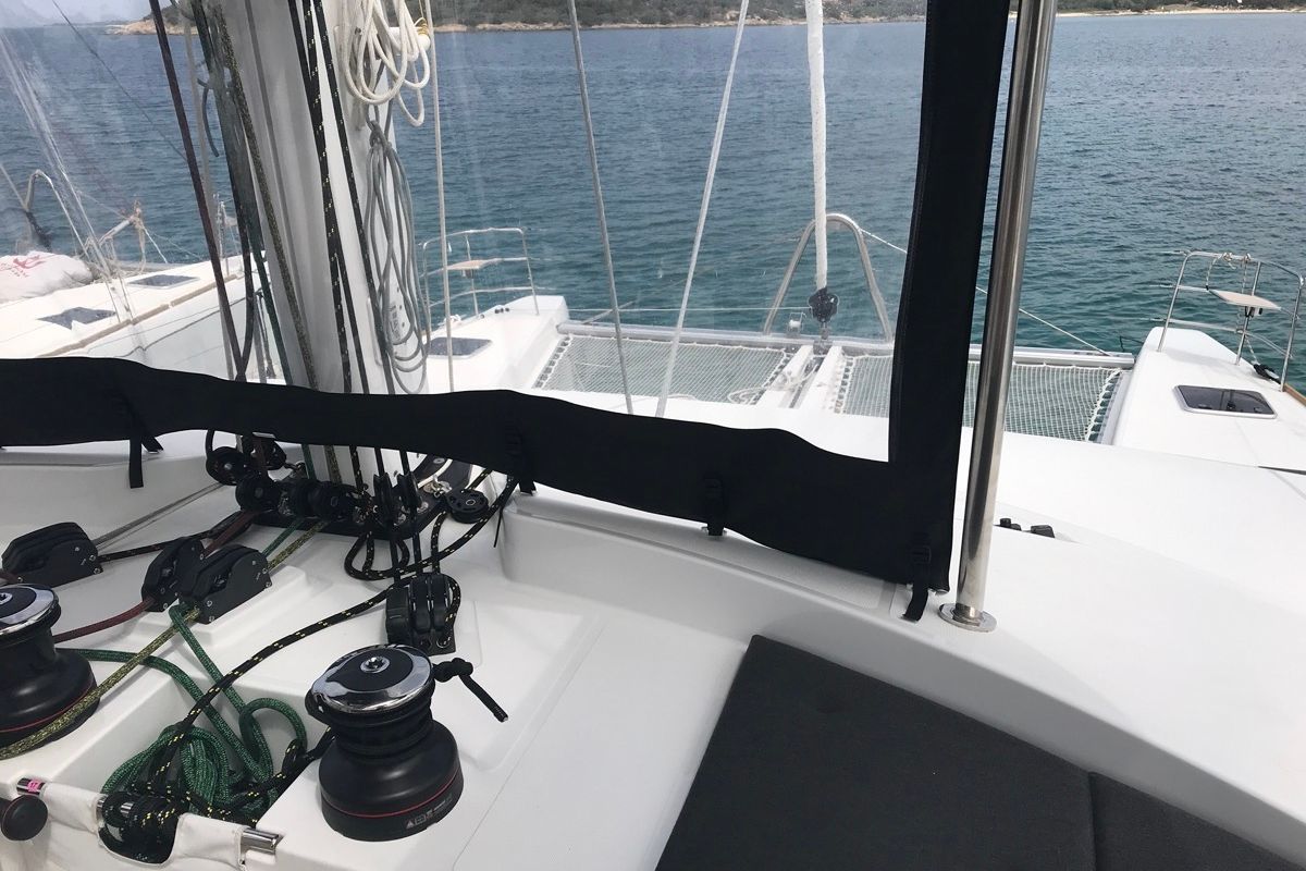 Cockpit of Dugongo II, a Lagoon 52 catamaran at English Harbour, Antigua and Barbuda