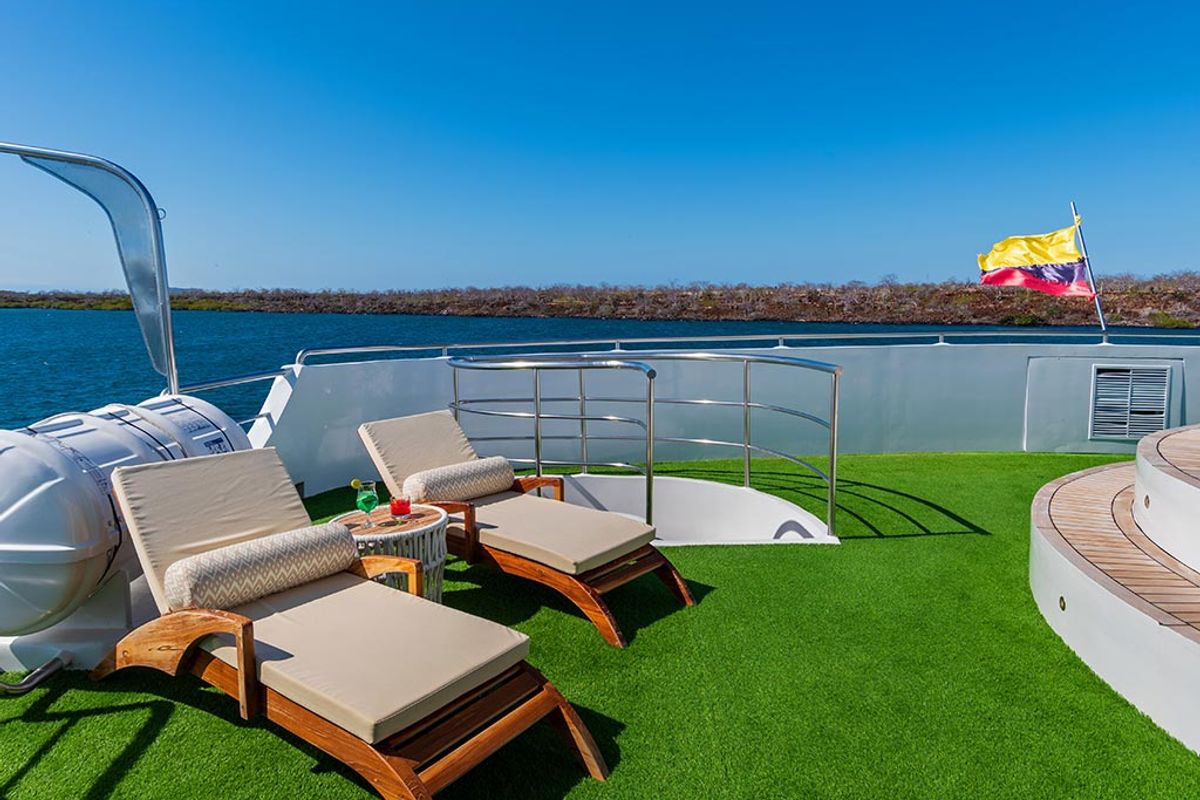 Deck of Ocean Spray, a Gulet Power Catamaran catamaran at Parroquia Puerto Baquerizo Moreno, Ecuador