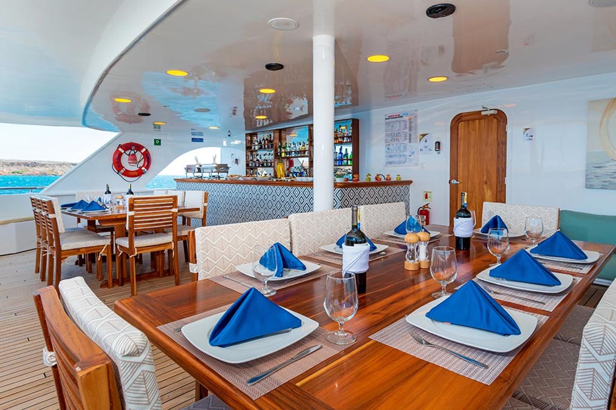 Deck of Ocean Spray, a Gulet Power Catamaran catamaran at Parroquia Puerto Baquerizo Moreno, Ecuador