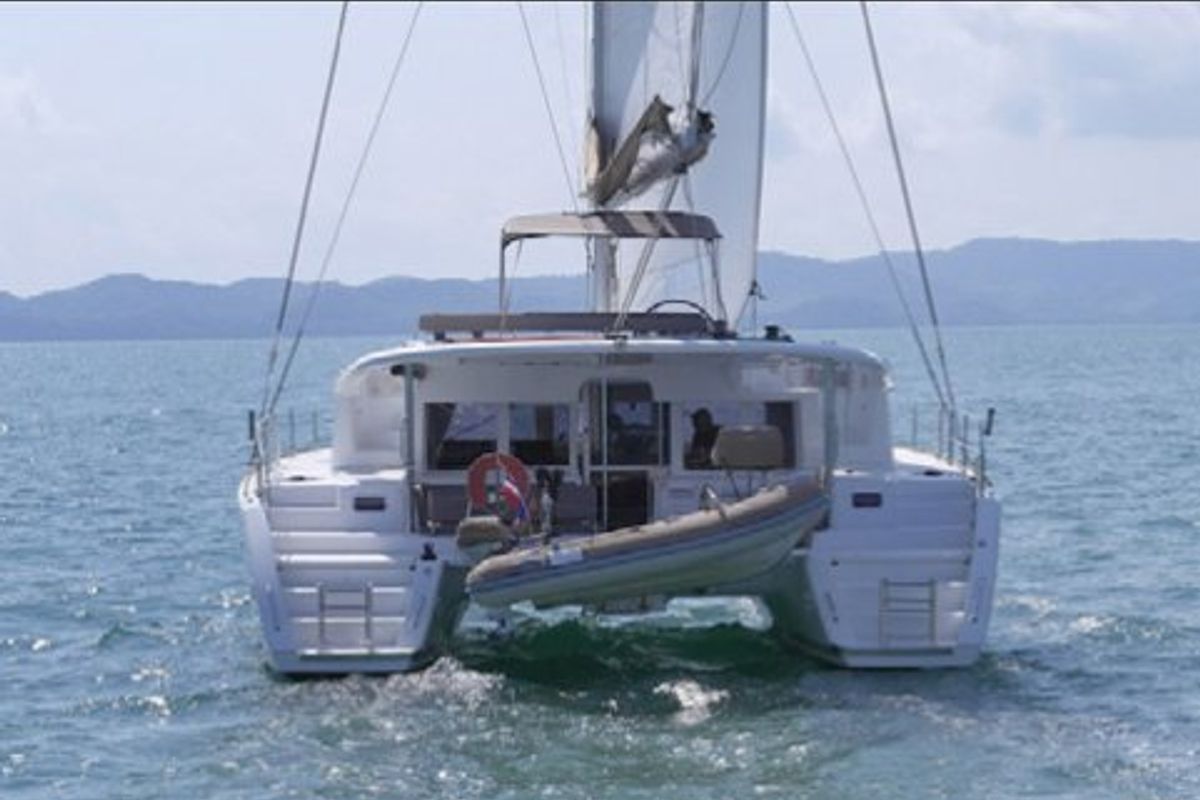 Exterior view of Shana, a Lagoon 450 F catamaran at Mai Khao, Thailand